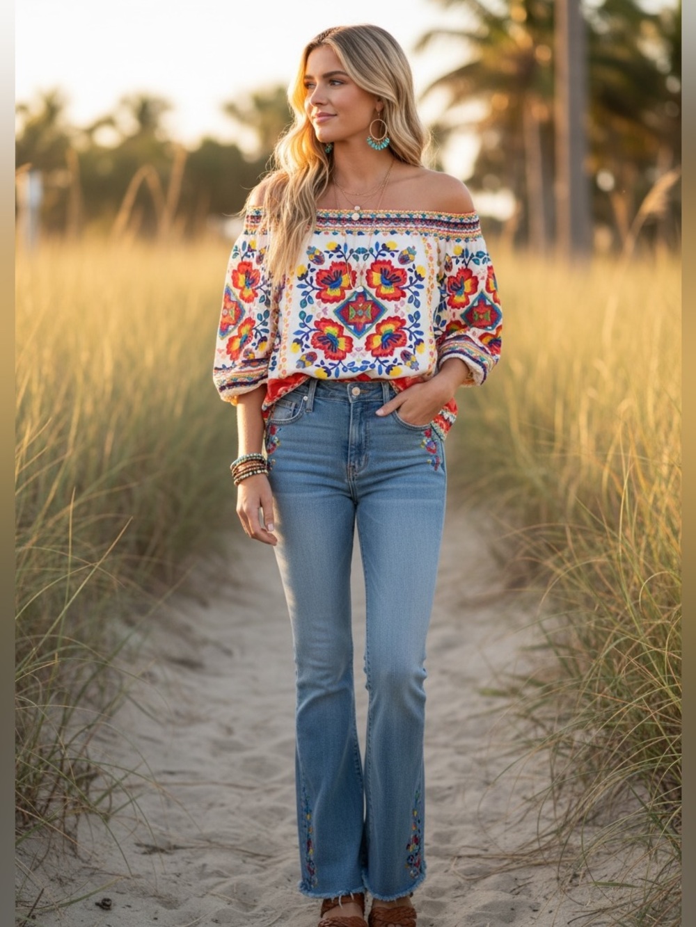 Anthropologie Flying Tomato off shoulder top with bold‎ floral print.